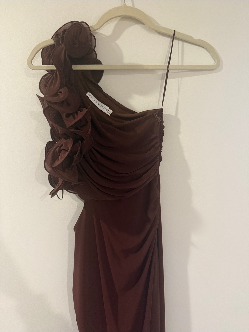 Asymmetric One-Shoulder Evening Dress in Chocolate Brown by BCBGMAXAZRIA